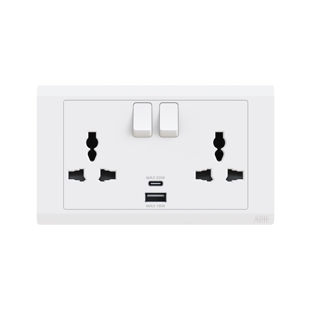 Bộ ổ cắm đa năng đôi ABB Inora BL250 13A kèm công tắc + cổng sạc USB