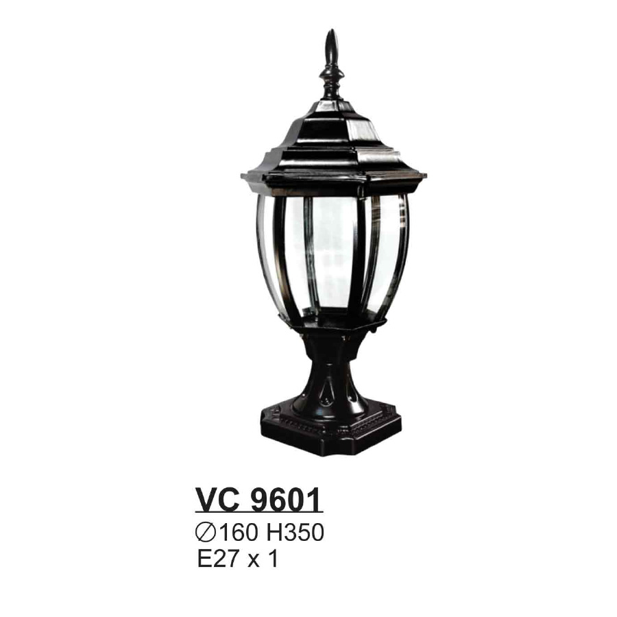 Đèn trụ cổng Sano E27*1, Ø160*H350, vỏ đen VC 9601