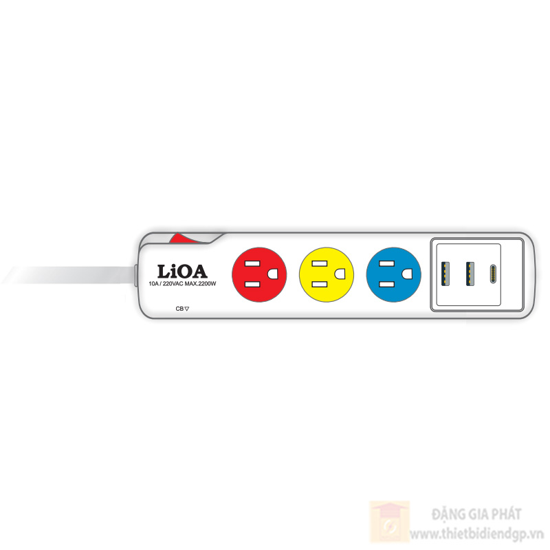 Ổ cắm kéo dài LiOA tiêu chuẩn Mỹ - Nhật - 3m - 3 Ổ + 3 USB (2 Type A + Type C) sạc siêu nhanh