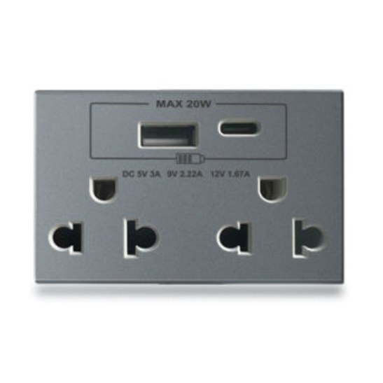 Hạt ổ cắm đôi 3 chấu + USB Type C Grimma G8SK3USB20