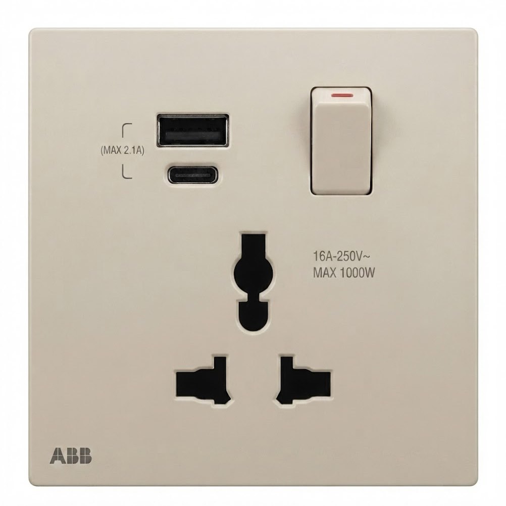 Bộ ổ cắm đơn đa năng 13A, có công tắc và ổ sạc type A+C 20W - ABB