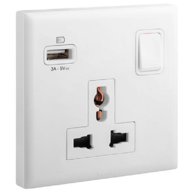 Bộ ổ cắm đa năng có công tắc, 16A và ổ sạc USB Type A