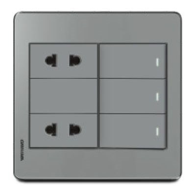 Bộ 3 công tắc 1 chiều 2 ổ cắm 2 chấu Grimma, mặt Acrylic xám G7 series G7ACXK312SK2