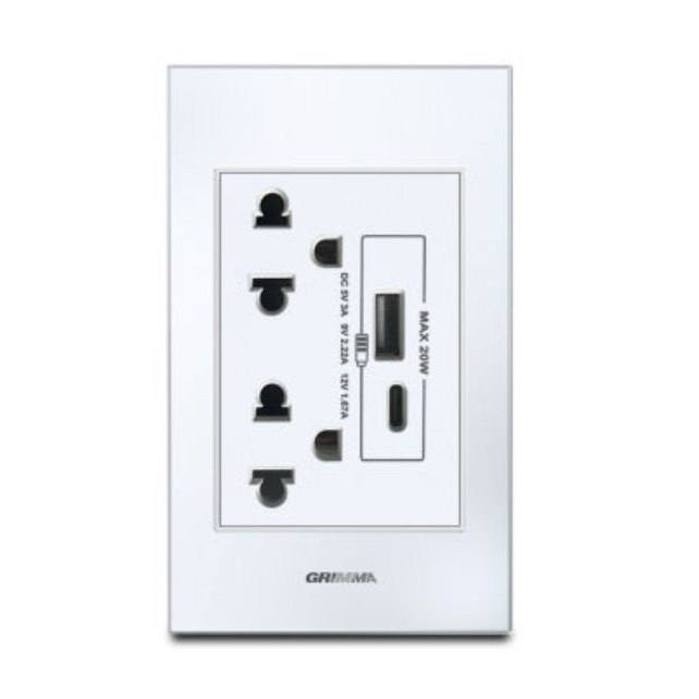 Bộ ổ cắm đôi 3 chấu + USB Type C Grimma G6GLWSK3USB20