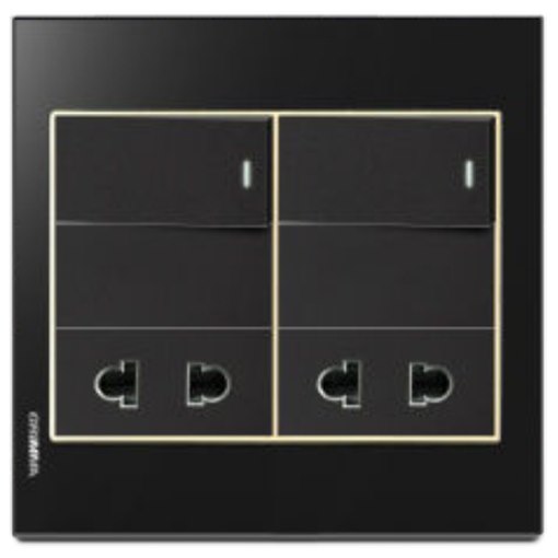Bộ 2 công tắc 1 chiều và 2 ổ cắm 2 chấu Grimma, mặt kính cường lực đen G6 series G6GLBK212SK2