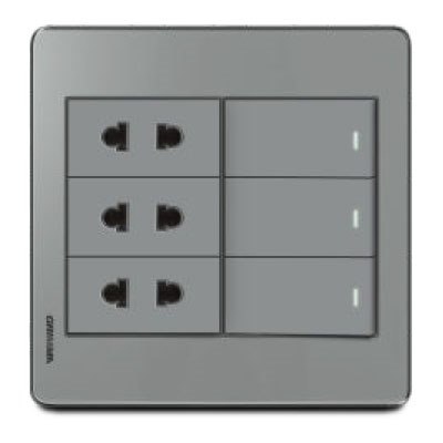 Bộ 3 công tắc 1 chiều + 3 ổ cắm 2 chấu Grimma, mặt Acrylic xám G7 series G7ACXK313SK2