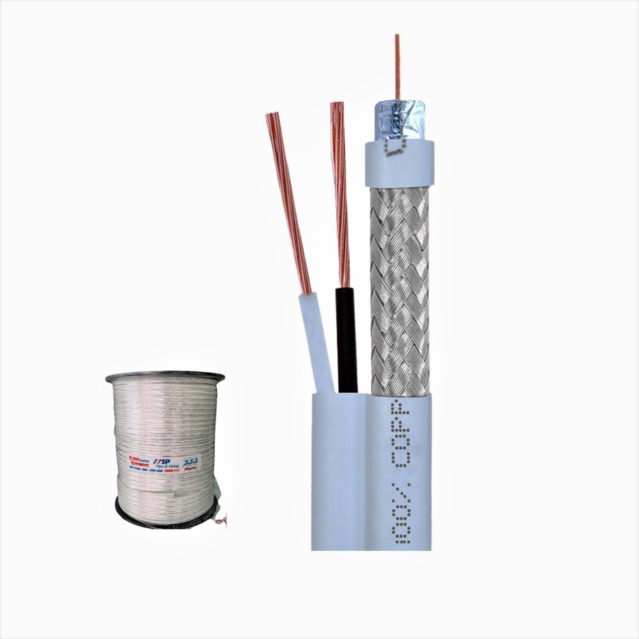 Dây Tivi SP trắng liền nguồn Sino RG59/BC+2c x0.4SN/TR/ SN (lõi đồng)