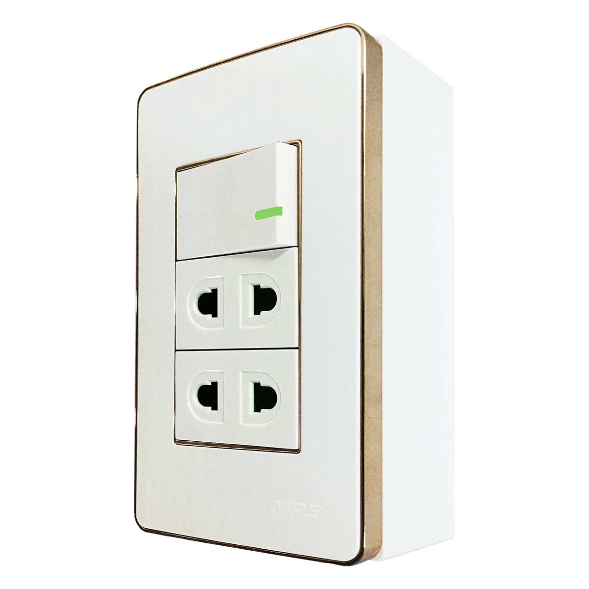 Bộ công tắc ổ cắm đơn viền vàng MPE đế nổi vặn vít A60B12U1GV