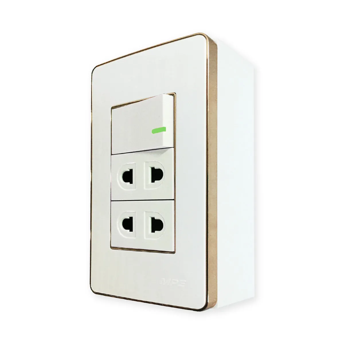 Bộ công tắc ổ cắm đơn viền vàng MPE đế nổi vặn vít A60B12U1GV