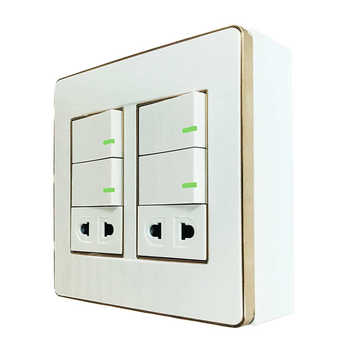 Bộ công tắc ổ cắm đôi viền vàng MPE đế nổi vặn vít A60B22U4GV