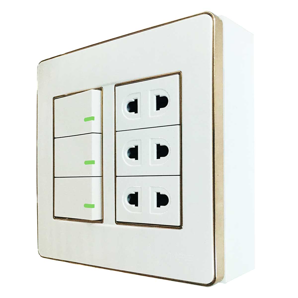 Bộ công tắc ổ cắm đôi viền vàng MPE đế nổi vặn vít A60B23U3GV