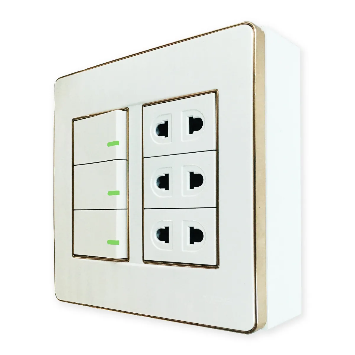 Bộ công tắc ổ cắm đôi viền vàng MPE đế nổi vặn vít A60B23U3GV