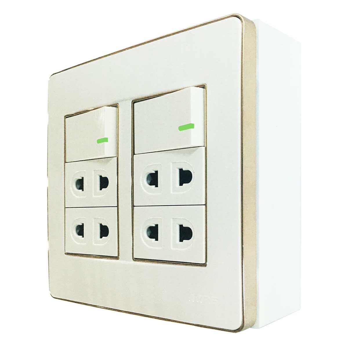 Bộ công tắc ổ cắm đôi viền vàng MPE đế nổi vặn vít A60B24U2GV