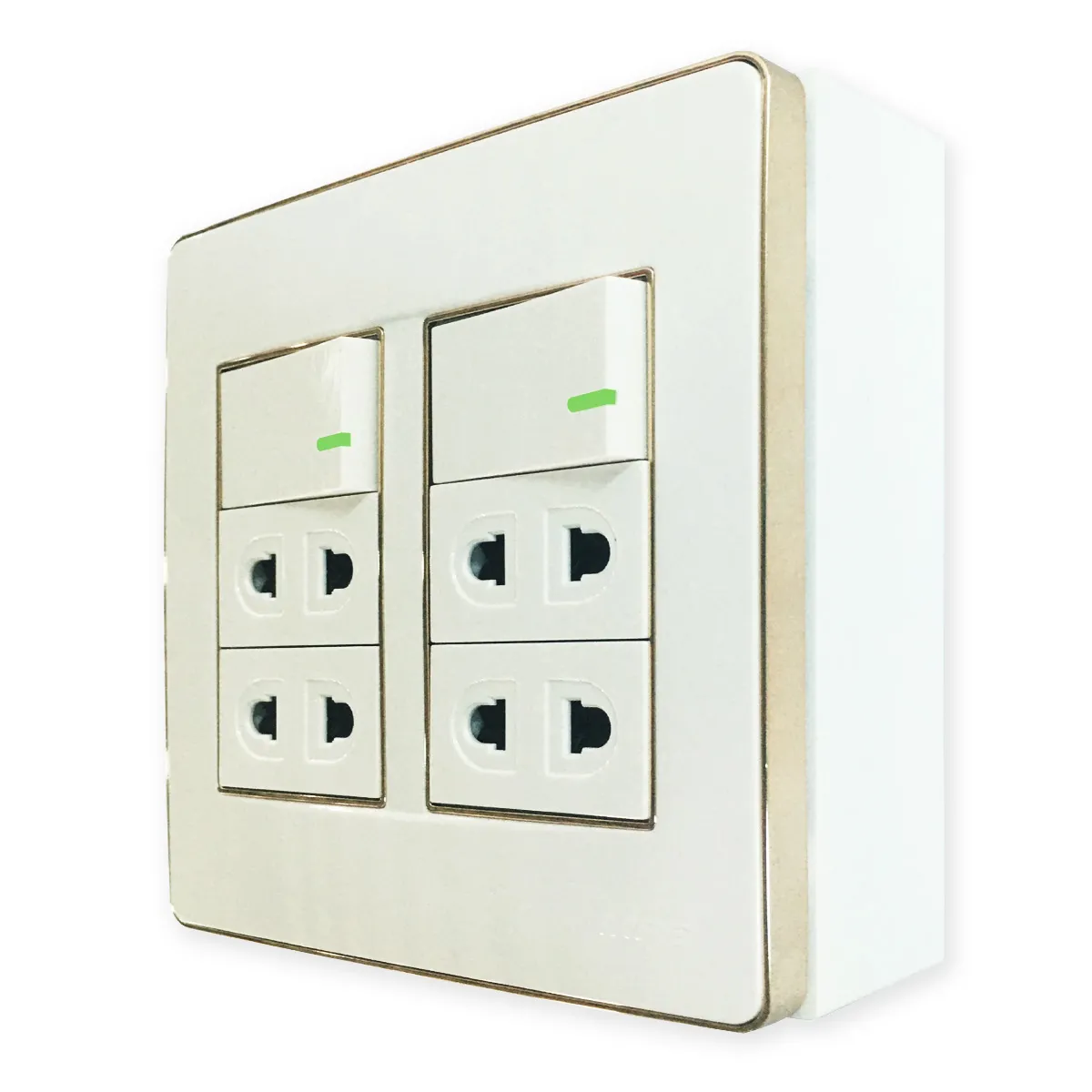 Bộ công tắc ổ cắm đôi viền vàng MPE đế nổi vặn vít A60B24U2GV