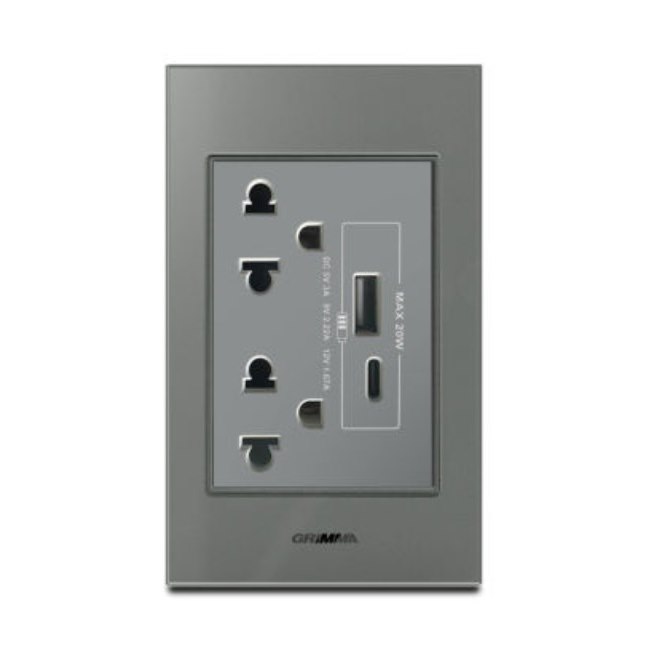 Bộ ổ cắm đôi 3 chấu + USB Type C Grimma G6GLXSK3USB20