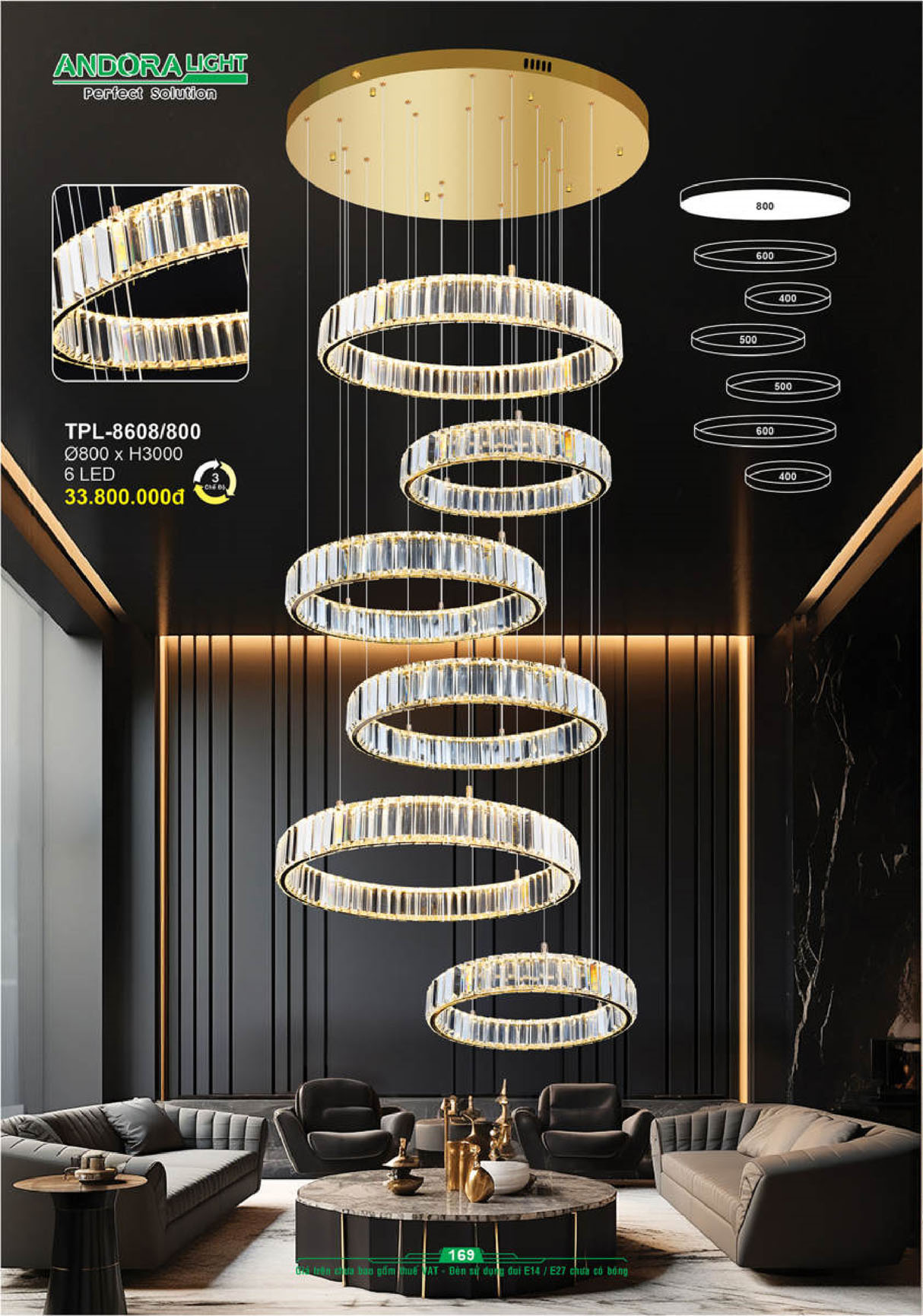 Đèn thả pha lê Andora Ø800*H3000 6 LED 3 CĐ