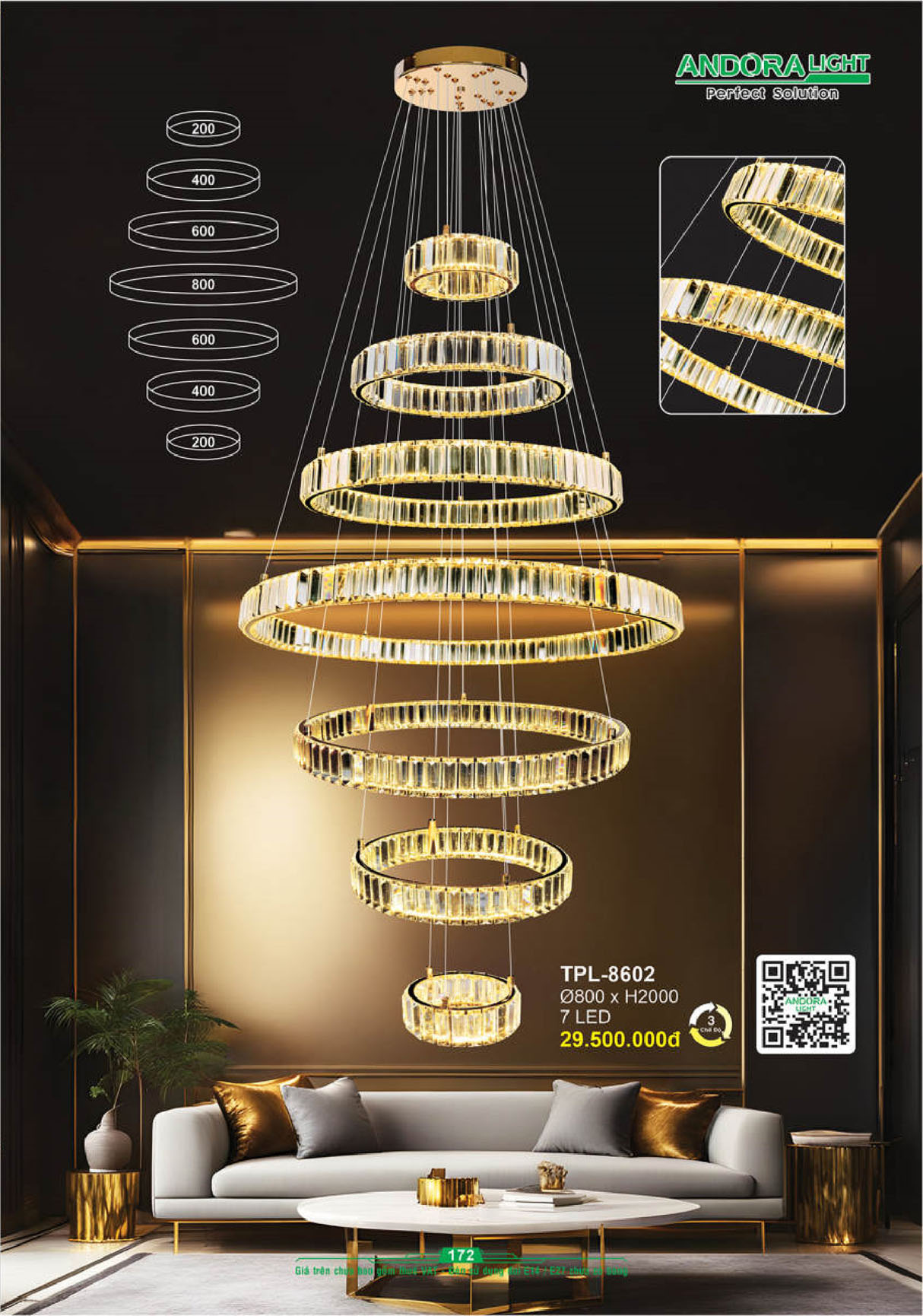 Đèn thả pha lê Andora Ø800*H2000 - 7 LED 3 CĐ