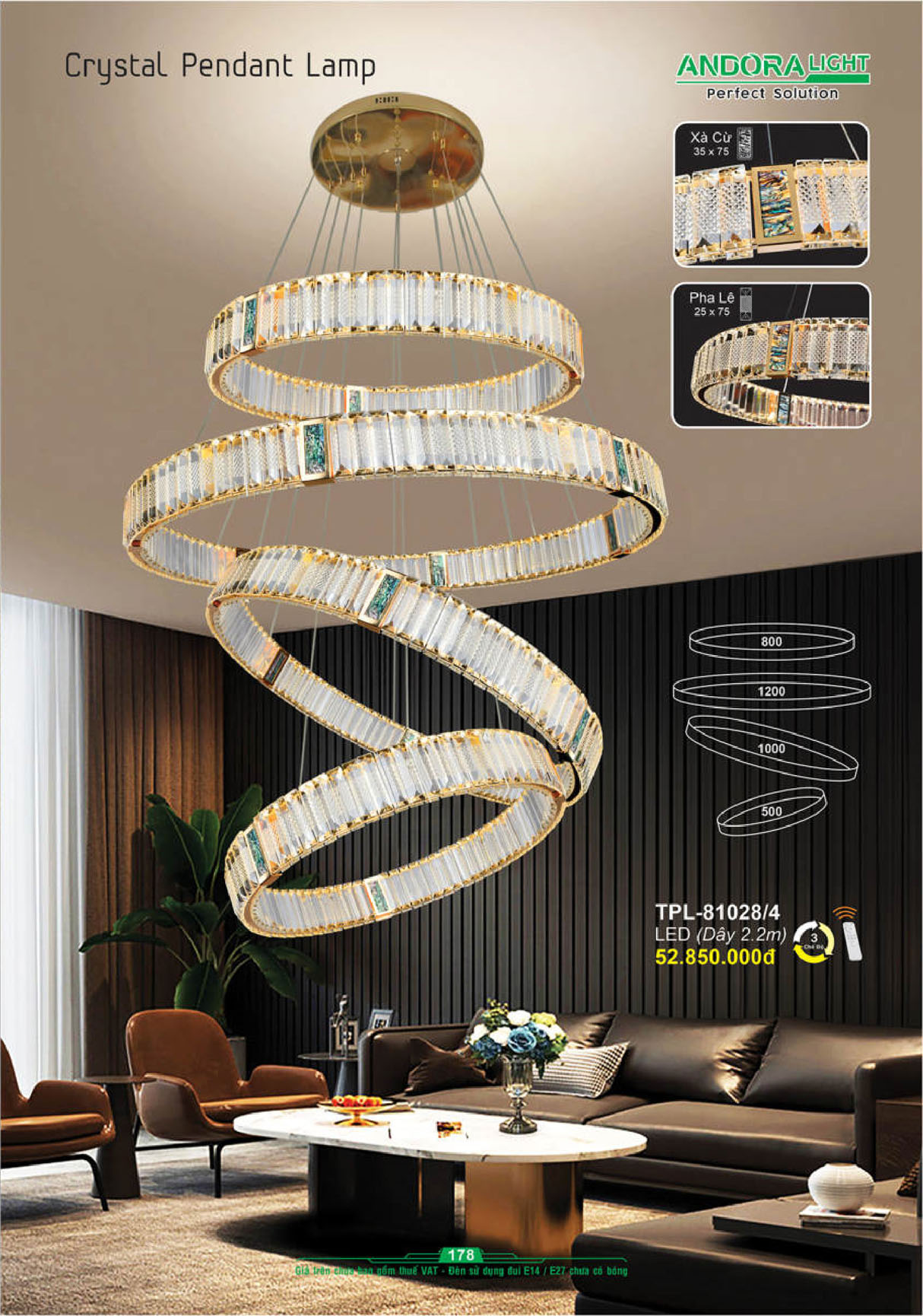 Đèn thả pha lê Andora Ø800+1200+1000+500 (Dây 2.2m) - LED 3 CĐ + remote
