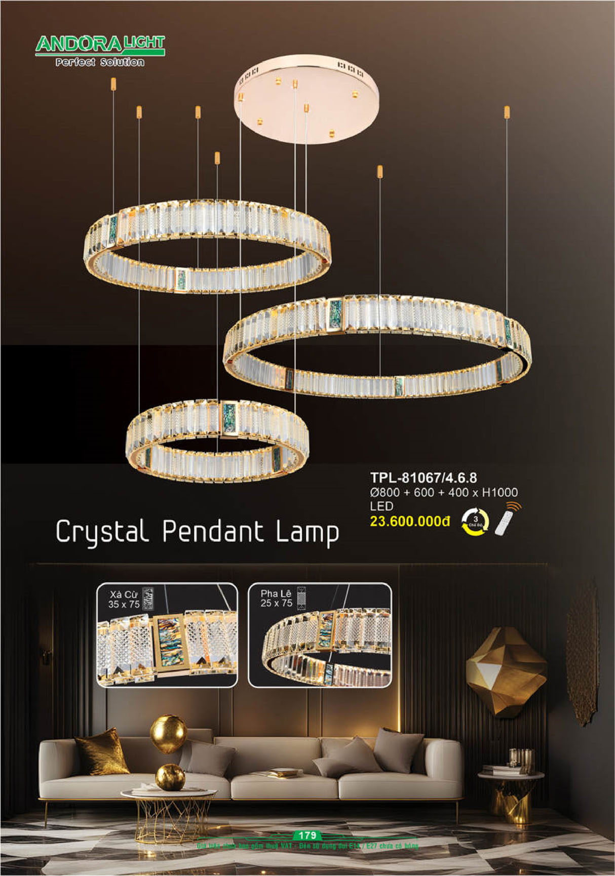 Đèn thả pha lê Andora Ø800+600+400*H1000 - LED 3 CĐ + remote