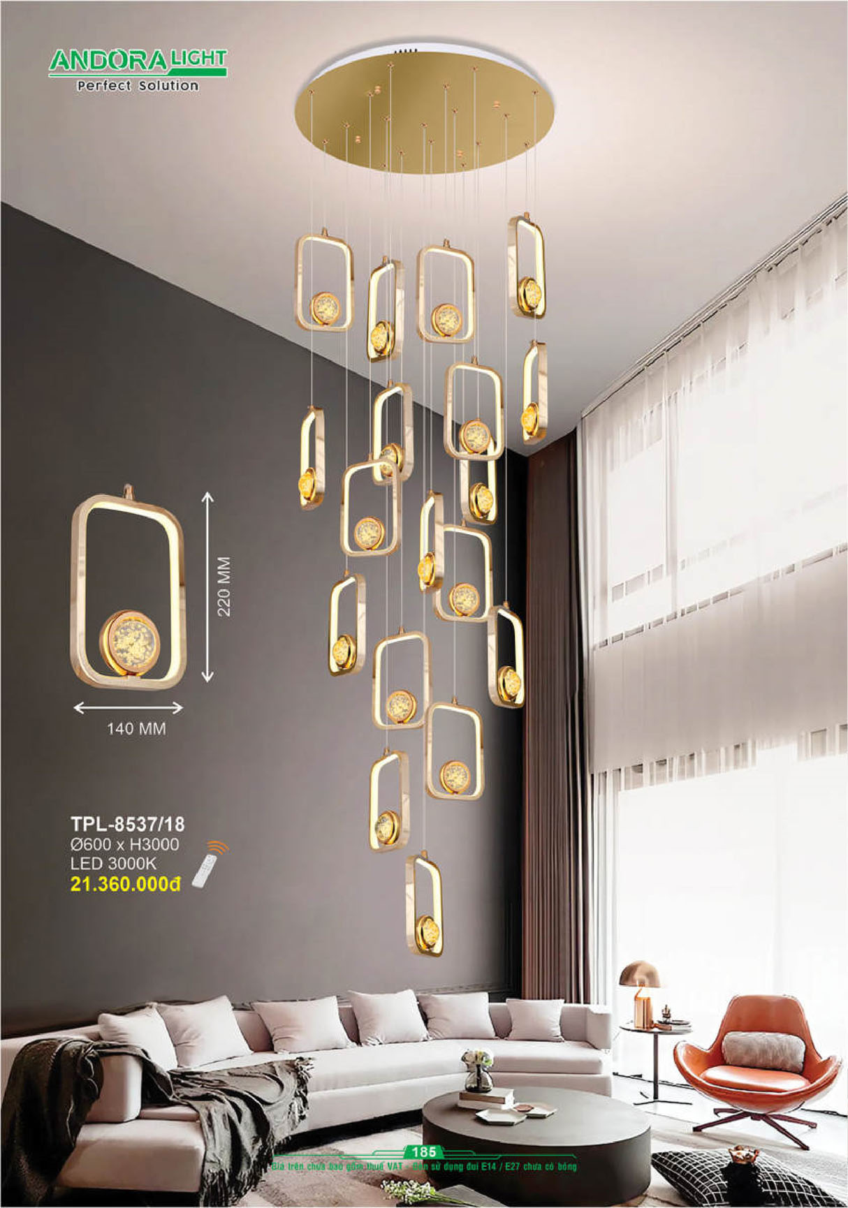 Đèn thả pha lê Andora Ø600*H3000 - LED 3000K + Remote