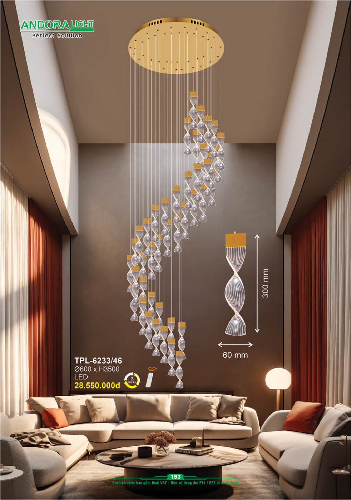 Đèn thả pha lê Andora Ø600*H3500 - LED 3 CĐ + remote