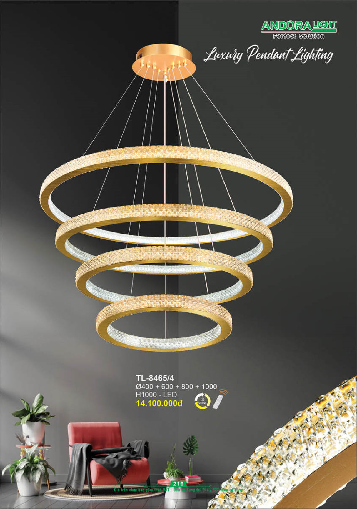 Đèn thả pha lê Andora Ø400 + 600 + 800 + 1000 x H1000 - LED 3 CĐ + Remote