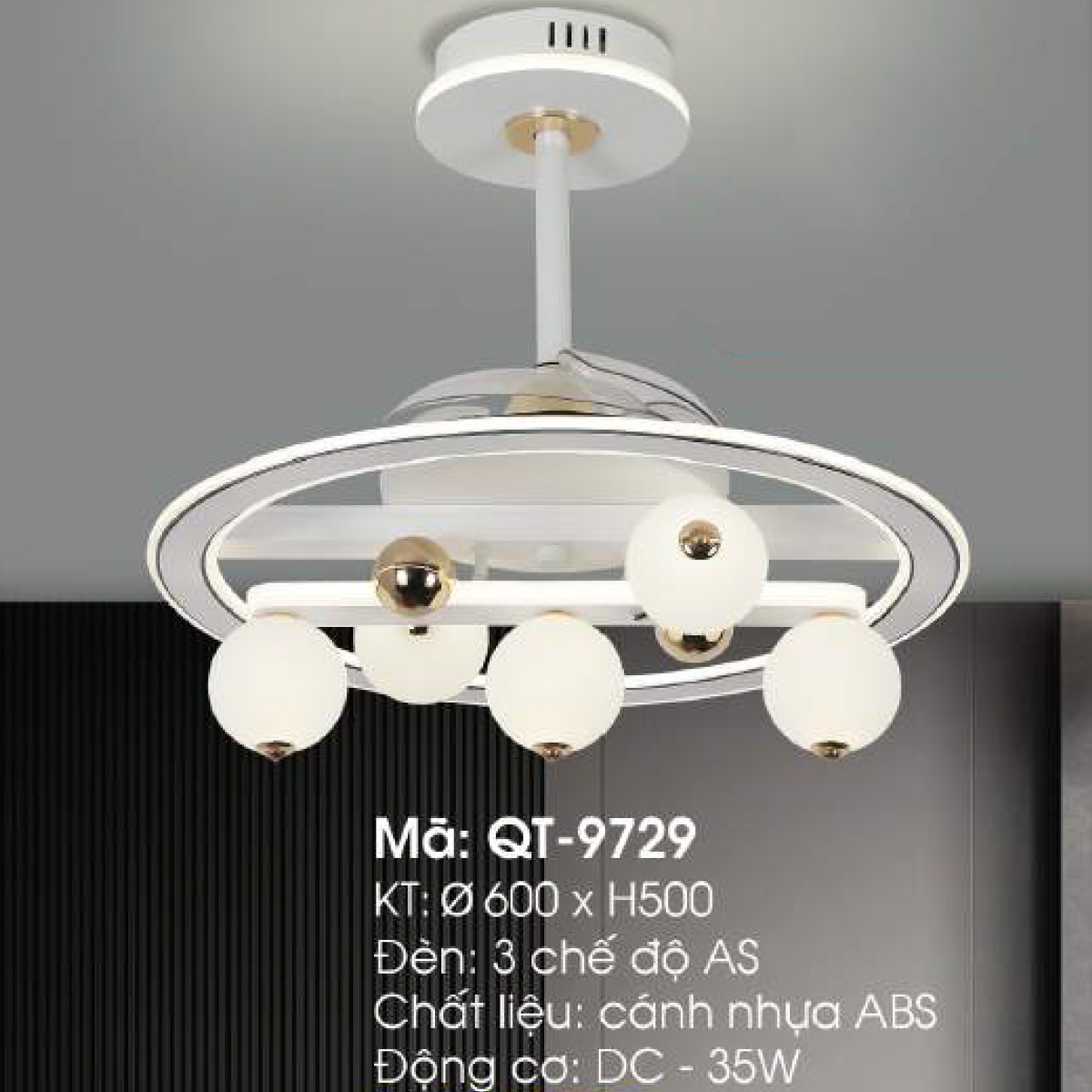 Quạt trần đèn trang trí Verona QT-9729 Ø600 x H500