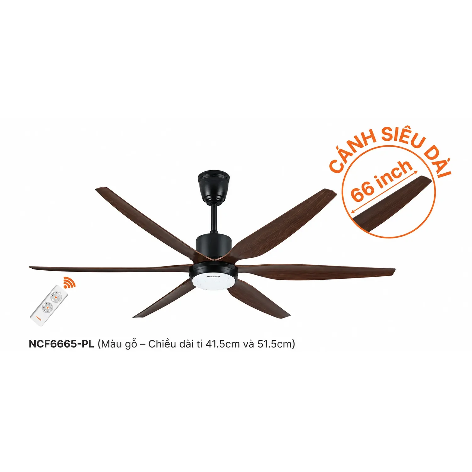 Quạt trần Nanoco NCF6665-PL 6 cánh Ø168cm có đèn led