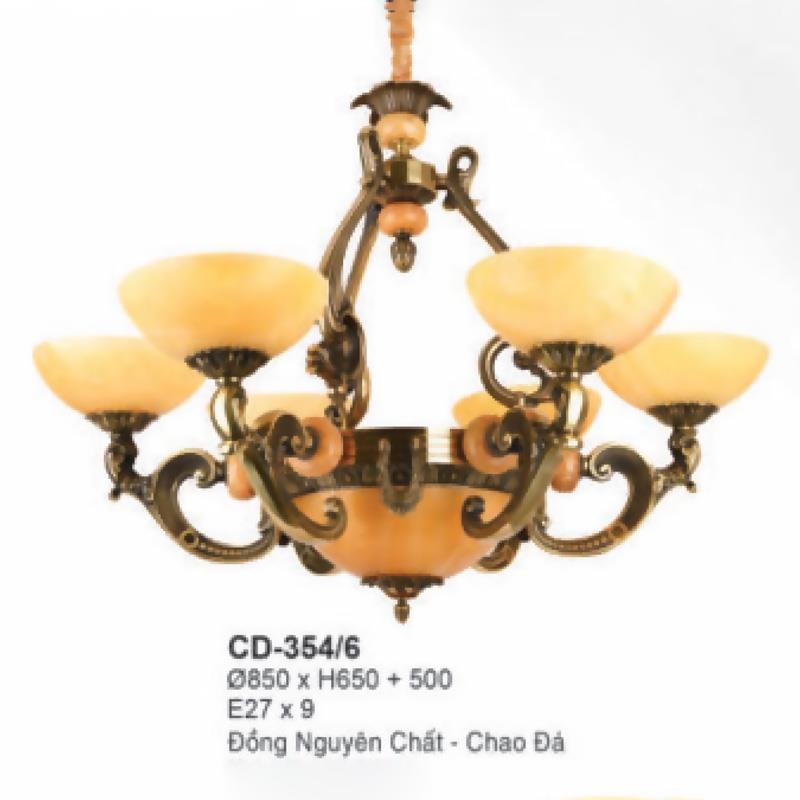 Đèn chùm đồng Ø850*H650+500 - E27*9 đồng nguyên chất - chao đá