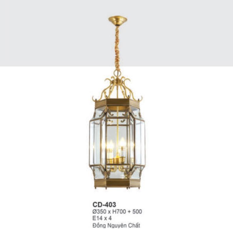 Đèn thả nến đồng Ø350*H700+500 - E14*4 - đồng nguyên chất