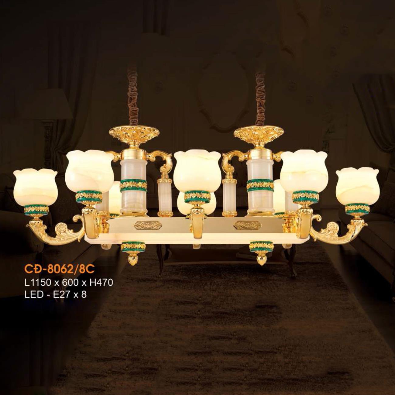 Đèn chùm nến đồng Veronia - Chao đá ngọc L1150 x 600 x H470, Led - E27 x 8