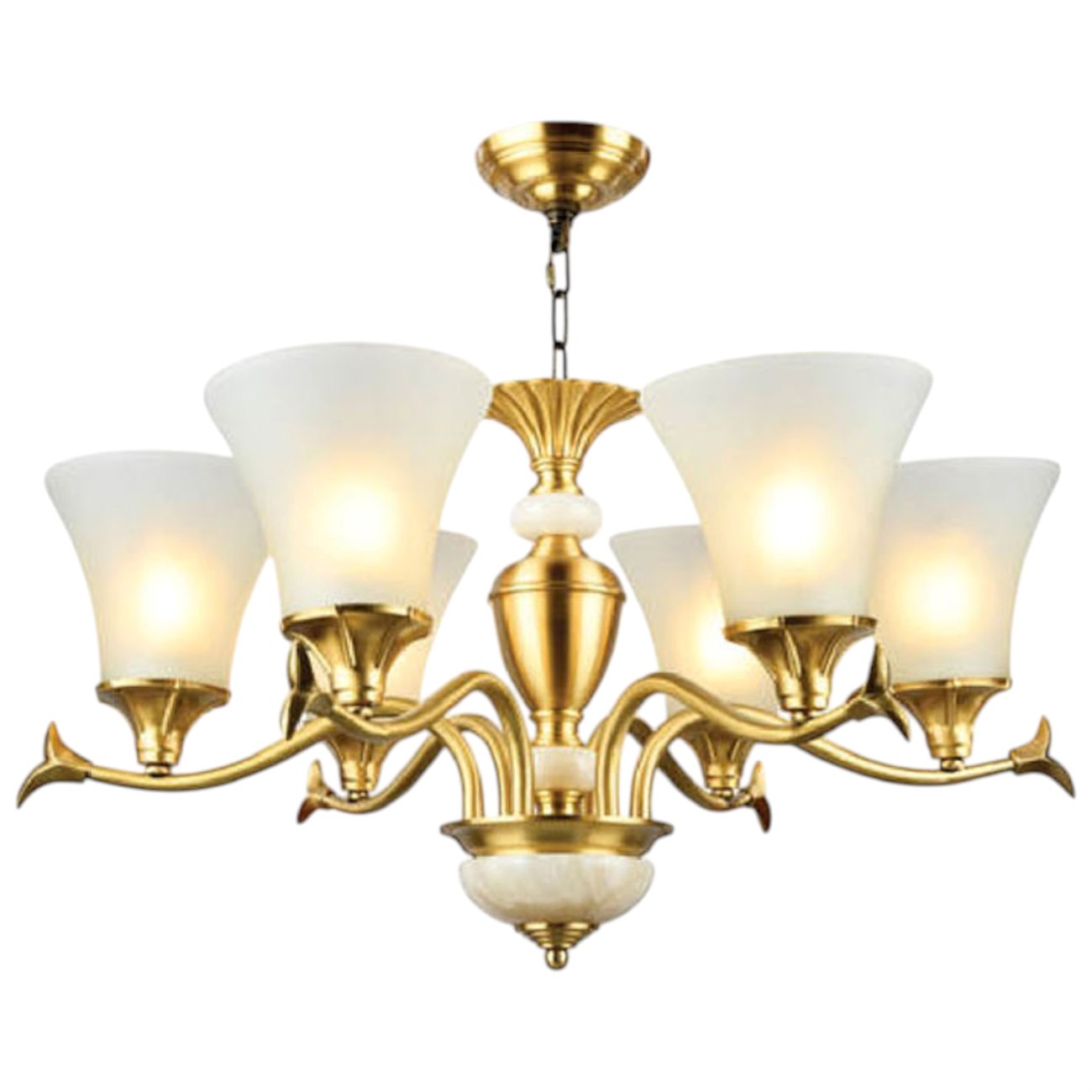 Đèn chùm đồng chao thủy tinh Andora CĐ-D8207/6 Ø600 x H340 + 500 E14 x 6