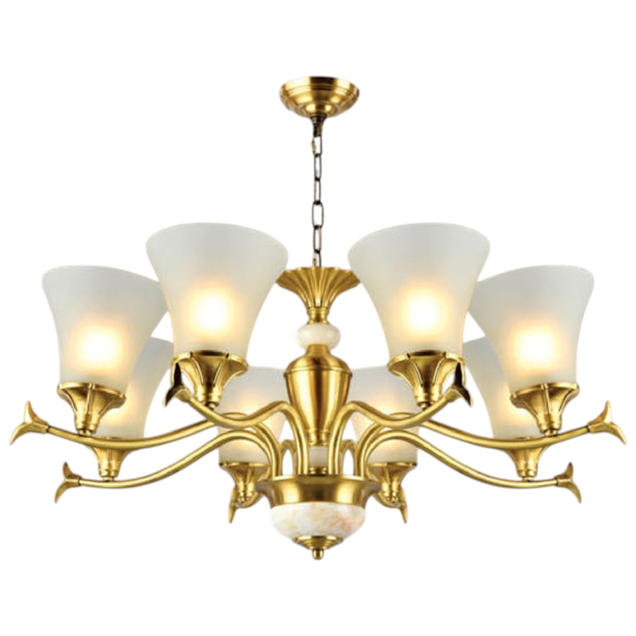 Đèn chùm đồng chao thủy tinh Andora CĐ-D8207/8 Ø700 x H340 + 500 E14 x 8