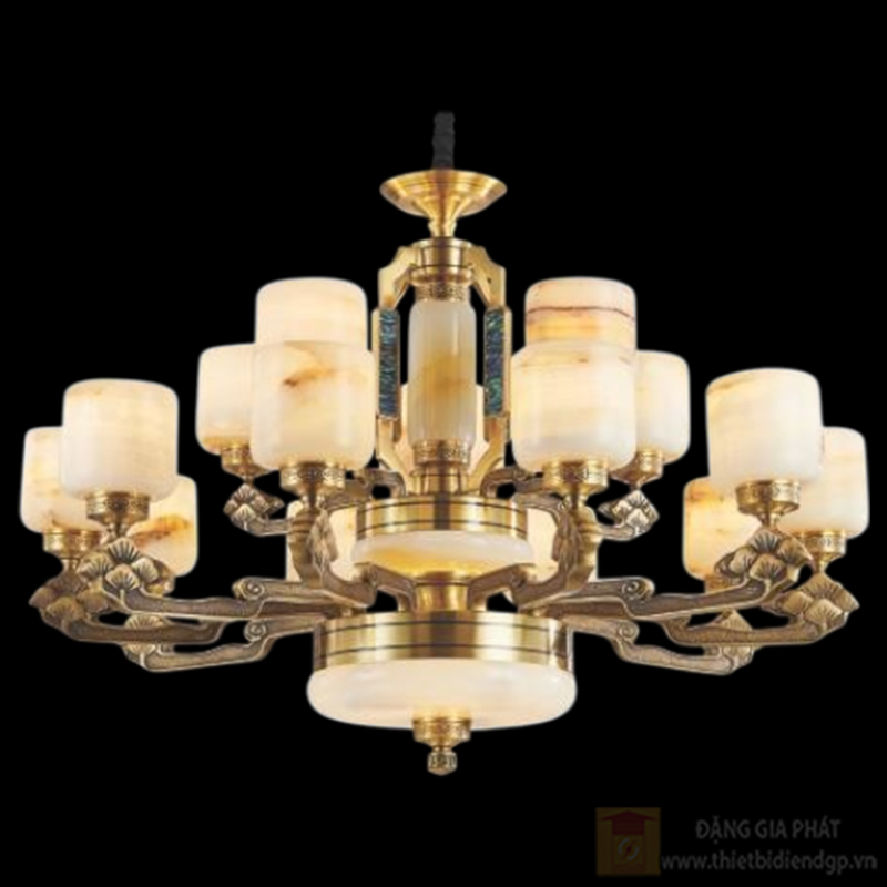 Đèn Chùm Đồng Chao Đá Bạch Ngọc Khảm Xà Cừ Euroto Ø1020 x H680 + LED SMD