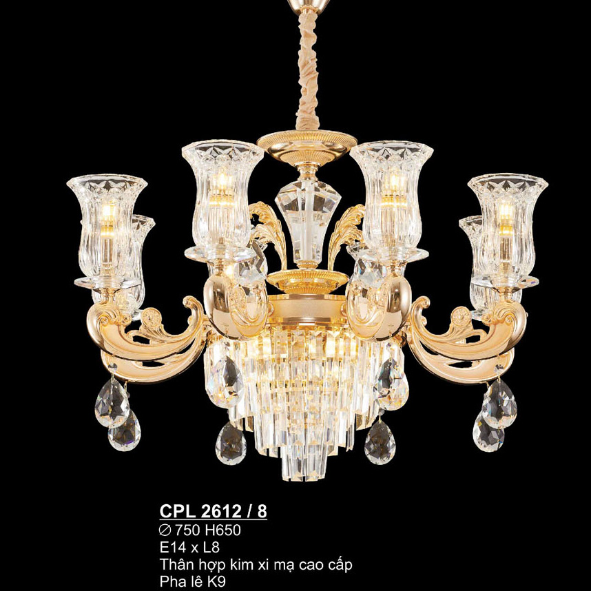 Đèn chùm pha lê K9, thân hợp kim mạ cao cấp SANO Ø750*H650 - E14*L8