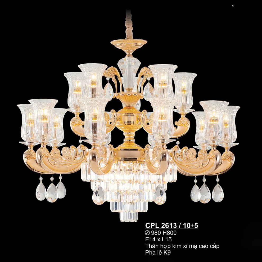 Đèn chùm pha lê K9, thân hợp kim mạ cao cấp SANO Ø980*H800 - E14*L15