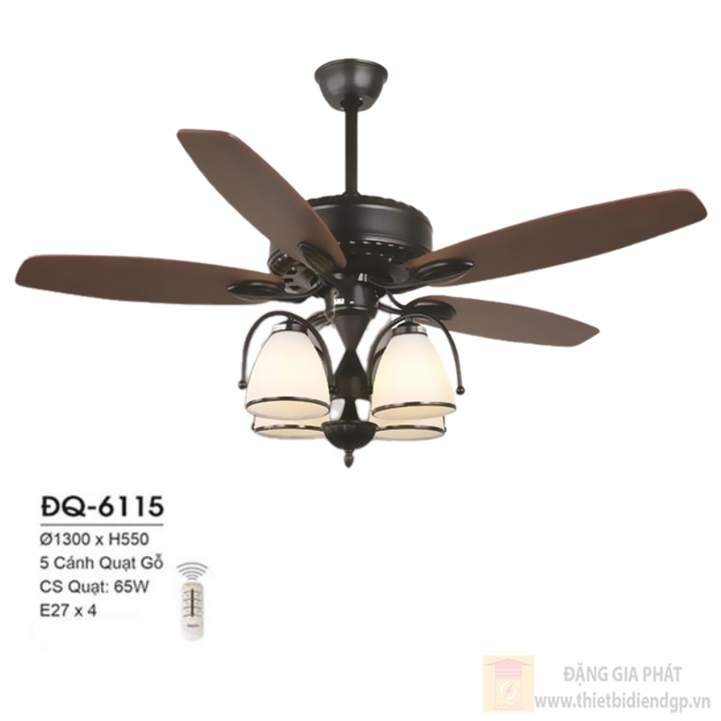 Đèn quạt Hufa Ø1300*H550, 5 cánh Quạt Gỗ, CS quạt 65W