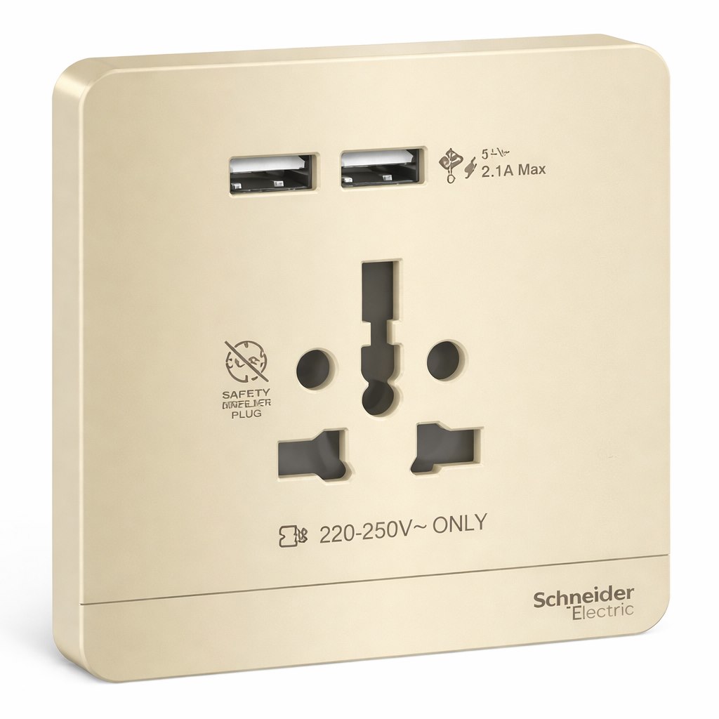 Ổ cắm đa năng và 2 ổ sạc USB màu vàng ánh kim