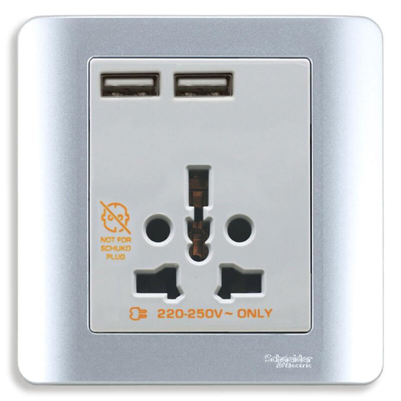 Bộ ổ cắm đa năng và sạc USB đôi màu xám