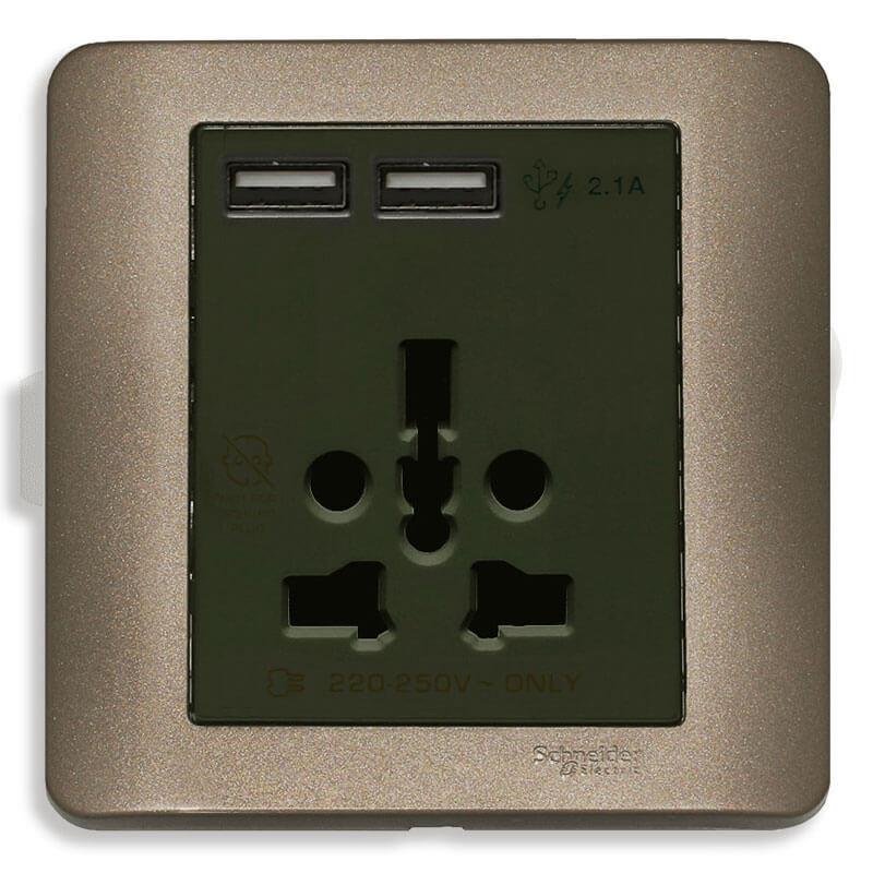 Bộ ổ cắm đa năng và sạc USB đôi màu đồng