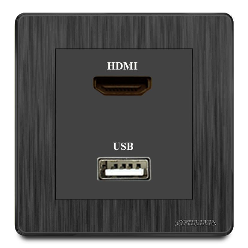 Bộ ổ cắm HDMI + USB mặt nhựa vân xước màu đen Grimma G20BHDMI
