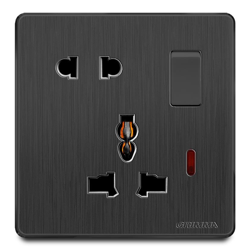 Bộ ổ cắm 2 chấu + 3 chấu có công tắc điều khiển mặt nhựa vân xước màu đen Grimma G20BKSK23