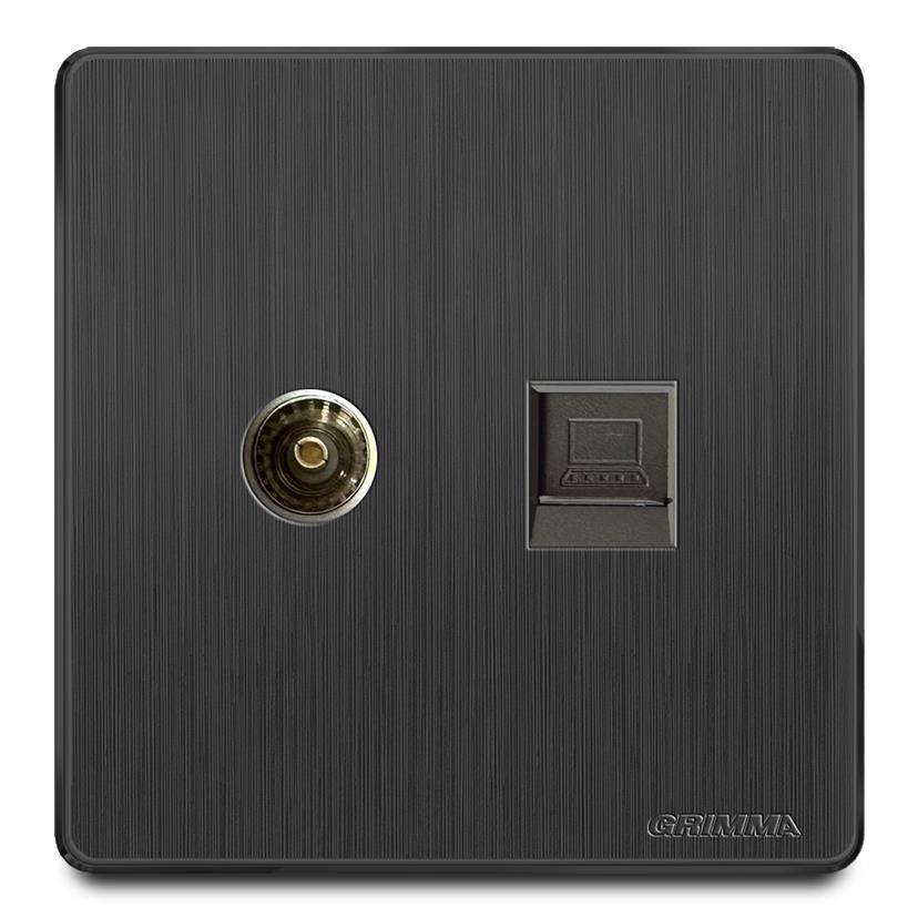Bộ ổ cắm tivi + mạng mặt nhựa vân xước màu đen Grimma G20BTVPC