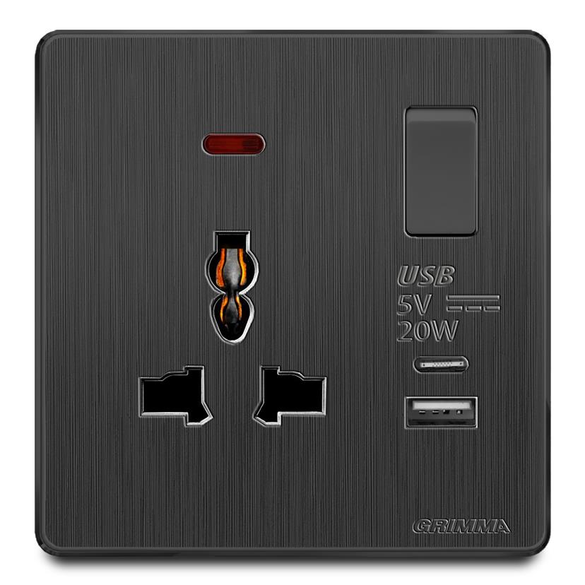 Bộ ổ cắm 3 chấu có đèn báo + USB type C 20W mặt nhựa vân xước màu đen Grimma G20BUSB