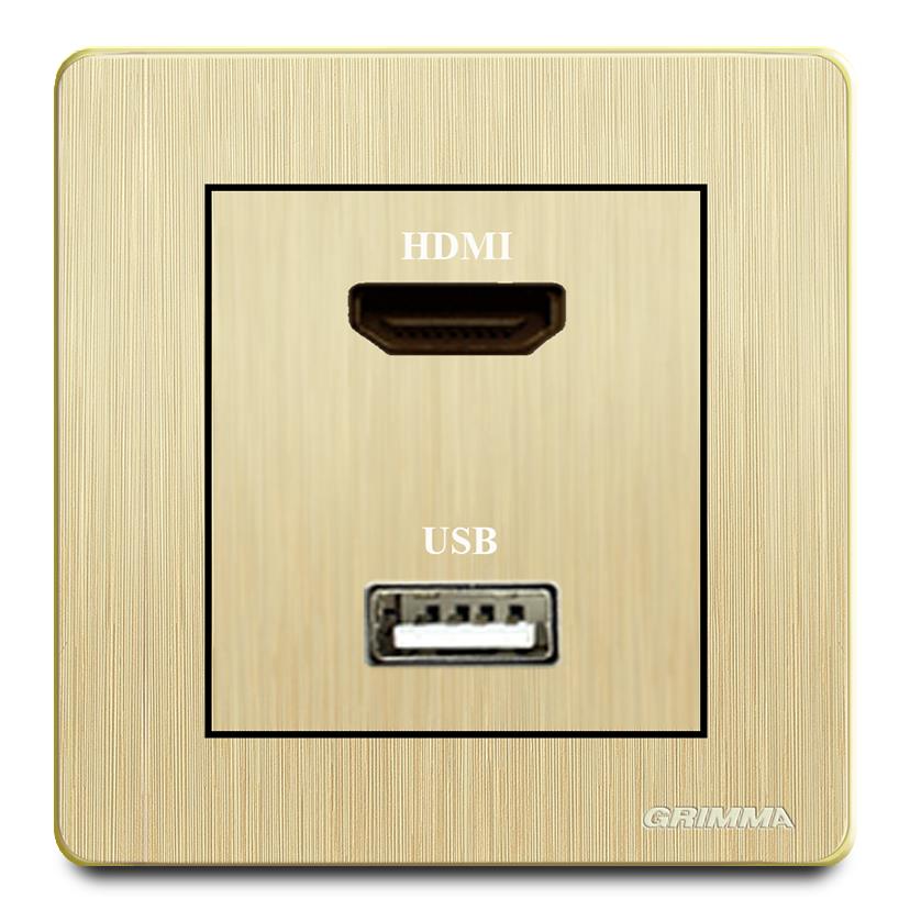 Bộ ổ cắm HDMI + USB mặt nhựa vân xước màu vàng Grimma G20GHDMI