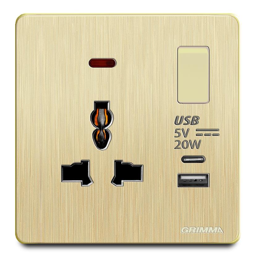 Bộ ổ cắm 3 chấu có đèn báo + USB type C 20W mặt nhựa vân xước màu vàng Grimma G20GUSB