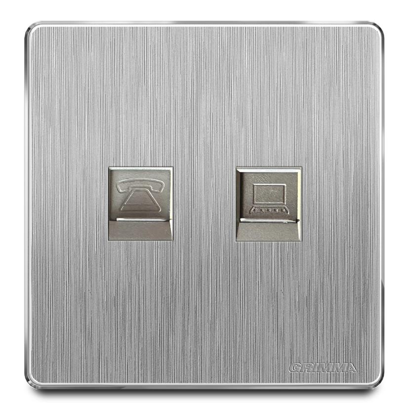 Bộ ổ cắm điện thoại + mạng mặt nhựa vân xước màu xám Grimma G20TELPC