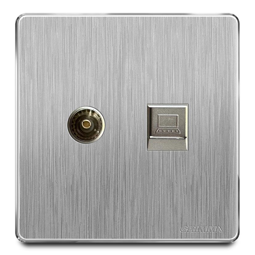 Bộ ổ cắm tivi + mạng mặt nhựa vân xước màu xám Grimma G20TVPC