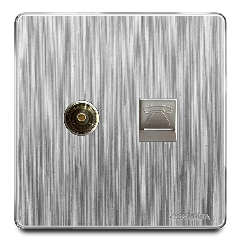 Bộ ổ cắm tivi + điện thoại mặt nhựa vân xước màu xám Grimma G20TVTEL