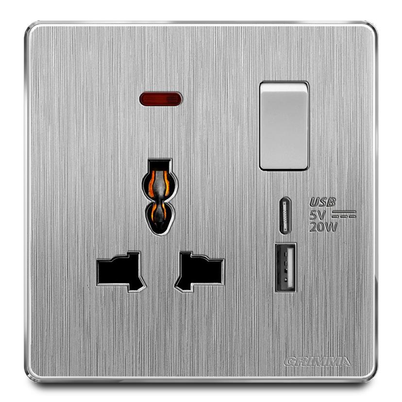 Bộ ổ cắm 3 chấu có đèn báo + USB type C 20W Grimma G20USB